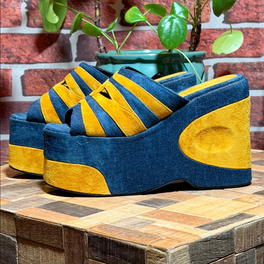 👡 Jeffrey Campbell Y2K 70’s Inspired Denim/Suede Wedges — Blue/Yellow — Sz 9.5